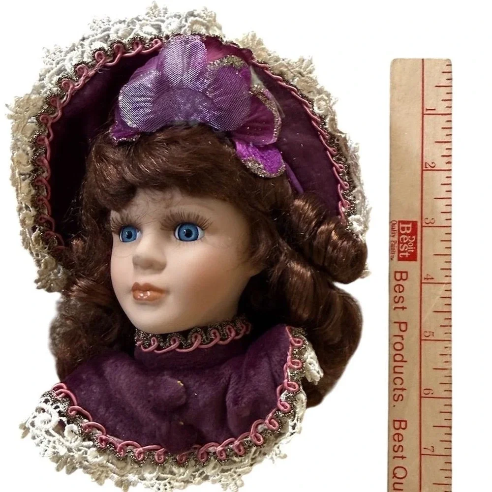 DanDee Vintage Victorian Porcelain Doll Head Christmas Ornaments Set of 2 Purple